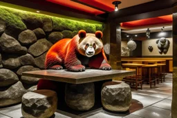 A dark orangish red fiery panda restaurant designed in Ica stones