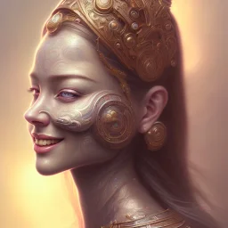 Portrait of woman goddess, smiling, sango fantasy, fantasy magic, intricate, sharp focus, illustration, lot's of grain on the skin, tribal tatoos,highly detailed, digital painting, concept art, matte, masterpiece beauty space lady, one head, high key lighting, volumetric light high details psychedelic background