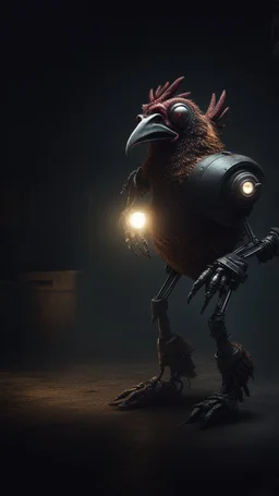 chicken monster robot with eerie lighting and a haunting atmosphere , photo / ultra realistic cinematic