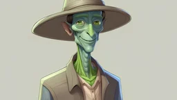 A friendly, human-looking alien. Male or non-gender wearing slightly odd clothes and a hat.