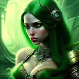 fantaisy setting, medieval fantasy, insanely detailed, woman, peau sombre, green hair strand