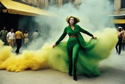 [iconic color photo by Helmut Newton] EMeRGENCE: Her bended figure emerged from the chaos, surrounded by the swirling backdrop of yellow dust and billowing smoke that cloaked the attack in the bustling yellow market plaza. An Italian woman clad in plush green trousers and a worn velvet green pull-over, her back heaving with urgency, navigated the labyrinthine alleys with a grace born of desperation.