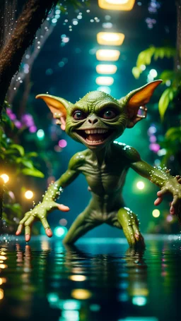 selfie by pimp rocker alien giant gremlin diving in water slide dancing in dark lit reflective wet jungle hall tunnel,bokeh like f/0.8, tilt-shift lens 8k, high detail, smooth render, down-light, unreal engine, prize winning