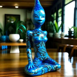 A blue water elemental shark mermaid designed in Hawaiian tikis painted by Andy Warhol