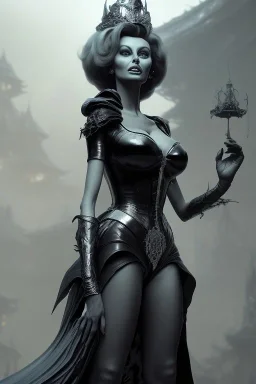 Sophia Loren as evil queen in black leather, cleavage, angry, stern look. character design by cory loftis, fenghua zhong, ryohei hase, ismail inceoglu and ruan jia. unreal engine 5, artistic lighting, highly detailed, photorealistic, fantasy