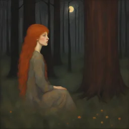 A portrait of a red haired girl in twilight forest by Klimt