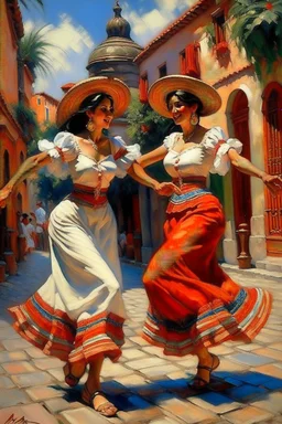 2 maxican woman dancing neoclassism traditional painting in mexican city