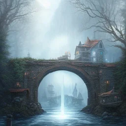 fantasy art, book illustration, dragon on stairs of a bridge to old mill ,icy water, on the bridge is a wolf,seen from the tree tops