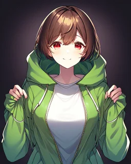 He is 16 years old, feminine in appearance but is a boy, has short dark brown hair, wears a green blouse with a zipper and hood and a white shirt underneath, has red eyes, Determined smile, dark background reminiscent of a nightmare, one character
