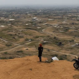 do topo de uma colina, uma jovem ruiva observa motocicletas indo em direção a uma enorme cidade solarpunk em um terreno arenoso