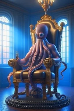 portrait of cyborg robot octopus chatbot smoking a sigar on a throne in medieval castle, smoke, 4k, downlight, soft light, depth of field, photorealism