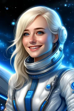 cosmosbeautifull woman, blondhair, LONG BLOND LIGHT HAIRS , WHOLE BODY, BLUE BRILLANT; JEWELS, COSMOS, GALACTIC VISION photorealistic, wet skin, space uniform, tanned skin, neckband, SILVER COLOR SMILING HAPPYNESS, GALAXY, VESSEL STARSHIP COKPIT WHITE CLEAR - WHOLE BODY SILVER ARGENT