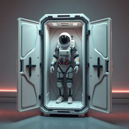 A futuristic sci-fi suit storage chamber, standing on the floor. The chamber is a low-poly structure with a retro Half-Life 1 / GoldSRC vibe, simple geometric shapes, but styled with modern textures and lighting. It stands vertically at 90 degrees like a cabinet, with hinges that allow it to tilt down to 180 degrees, like a capsule bed for the suit. Inside are robotic low-poly arms and clamps designed to hold a spacesuit.