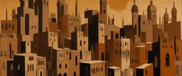 A brown Moroccan like city with innovative buildings painted by Clyfford Still