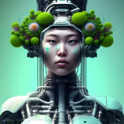 closeup portrait of biopunk asian female floral cyborg, cyberpunk face made of plants. By Piero della Francesca --ar 2:3 --test --creative