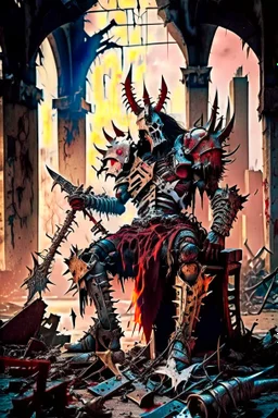 metal maden male chaos warrior of khorne in armor is holding a great sword in a ruined post-apocalyptic city, sci-fi, fantasy, horror, skulls on the ground, blood, Tornado, Roman, Empty chairs,Tangled roots,Key, Warped,Mangled,Ethereal, (Isolation:1.1), (Glaze:1.1), (Reflected light:1.2), Glass, Polygon, ultra detailed, intricate, oil on canvas, dry brush, (surrealism:1.1), (disturbing:1.1), trending on artstation, sharp focus, studio photo, intricate details, highly detailed, by greg rutkowski,