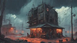 Strange surreal world, techno gothic bar, cyberpunk renaissance, Science fiction painting, Denis Sarazhin Simon Stålenhag, Nicolas Bruno, sinister vibes, harsh survivalism, Peter Sallesen, Hamish Frater, ominous sky