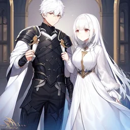 Girl with white hair wearing white robes. Boy with black hair wearing leather armor