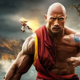 Fantasy, Dwayne Johnson as shaolin monk, heroic, award winning, insanely detailed, sunlit, realistic, fighting,acrylic paint, 8k resolution, hdr