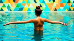 a woman standing in a pool of water. The woman is facing away from the viewer, with her body slightly turned to the side. She is standing with her arms stretched out to the sides, as if she is embracing the water. Her head is tilted slightly to the left, and her hair is pulled back in a bun. The background is filled with a colorful, abstract pattern of triangles in various shades of blue, green, yellow, and orange. The overall mood is surreal and dreamlike.