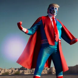 realistic image of donald trump as a mexican wrestling fighter posing outdoors, Mexican eyes wrestling mask, red and blue breeches, confederate flag cape, retro style, 80s, vibrant color, highly detailed, sky background, concept art, unreal engine 5, god rays, ray tracing, RTX, lumen lighting, ultra detail, volumetric lighting, 3d, finely drawn, high definition, high resolution.