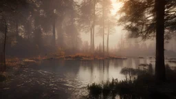 lake in a burning forest, sky View realistic, cyberpunk modern photorealistic, in the style of , Deviant art, sunlight, post-processing intricate details Octane elegant Unreal Engine cinematic fine details reflections