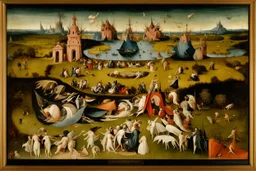 View of Elysium with dark female flying around over people running away in fear, creatures crawling, Hieronymus Bosch