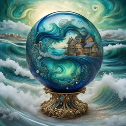 A translucent navy blue and glass platinum sphere filled with swirly ocean waves, inside a old village, flowy swirls, golden lines, 3D, alcohol ink effects, sprinkle glitter, pearls, beads.standing in front of a big wavy ocean in blue and green colors. fantastical, intricate detail, complementary colors, fantasy concept art,