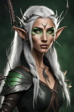 Generate a portrait of elf woman tan skin and silver hair and piercing green eyes. magic. She has long pointy elf ears. She has fangs. Carrying a long bow and arrows. Scars on face. Black and brown clothing.