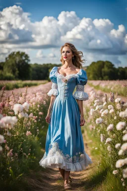 fullbody girl makeup wearing a victorian short dress walking in country side ,flowers ,pretty clouds in blue sky