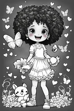 create a coloring page of a chibi girl with a curly afro ponytails dancing around hearts and butterflies. she smiles while shes playing with her puppy, black and white