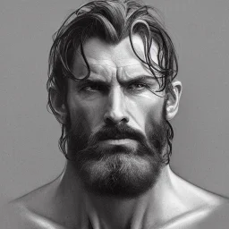 painted portrait of rugged man, nordic god, dark hair, masculine, mature, handsome, upper body, grey and silver, muscular, hairy torso, fantasy, intricate, muscular, elegant, highly detailed, digital painting, artstation, concept art, smooth, sharp focus, illustration, art by gaston bussiere and alphonse mucha