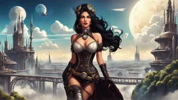 exotic sci-fi steampunk pin-up girl, with long dark hair, on a sci-fi planet with cloud trees, tall spires, buildings, bridges, arches