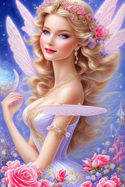 Magnifique woman, lady fairy, facing happy, voluptuous white, pink enchanted flowers, wings magic, long big dress, pink outerspace stars planets, Beautyful smiling, young woman, long hair amazing blue eyes, flowers, happy cosmic, bright colors, blue, pink, gold, jewels, realistic, photo real, clear sunny background, highly detailed, high contrast, 8k high definition, unreal engine 5, extremely sharp detail, light effect, sunny light background