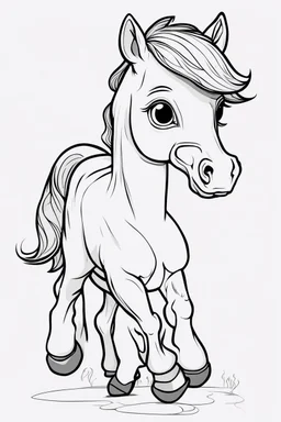 create a outlined cartoon coloring page of a babyhorse . Pay attention to the details of the faces and White background, sketch style, use outline, clean line art, no shadows, no coloring, no shading, no grey.