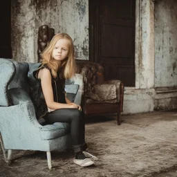 photography national geographic style girl sits on leather armchair.