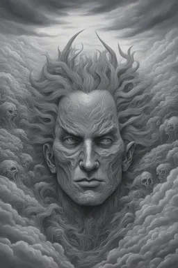 Nightmare in my mind, evil in many faces, Busch painting nightmare, thin line draw, 3D gray clouds colors