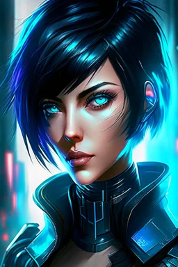 Fiora from league of legends in style cyberpunk, blue eyes And black short hair