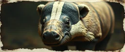 3d airbrush render, close up on rhino badger , pinhole cam, airbrush 3d rendering, in the style of Titian and Rembrandt , torn edges on border