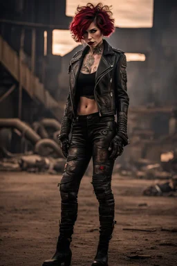 tattooed vampire girl showing fangs with short cropped curly cyberpunk hair in motorcycle leathers in an abandoned steel refinery at dusk