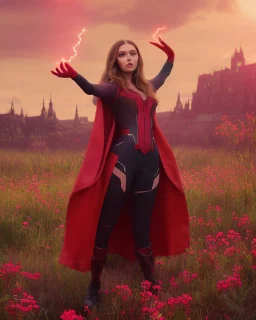 Feiticeira escarlate, Elizabeth Olsen, feiticeira, magia, rosto detalhado belo, bonita, cenário em um campo de flores, cinematográfico, dramático, por do sol, campo de flores, cores frias