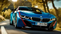 A sleek with livery (((BMW Chironz))), its contours and details perfectly captured in a (((cinematic view))), zipping along a winding road under a beautiful blue fresh morning sky