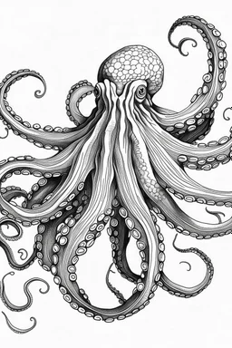 Outline art, no shading, full body octopus, black and white, low detail, --ar 9:11