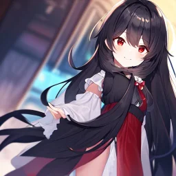 Clear focus, high resolution, black long fluffy hair, red eyes, wearing a cute outfit, kawaii