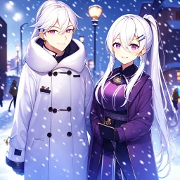 girl, masterpiece, best quality, volumetric lighting, detailed outfit, perfect eyes, long hair, white hair, purple eyes, snowing, winter clothes, smiling, street, ponytail, hairclip, earring, hair between eyes,