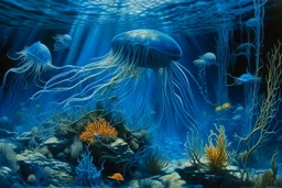 A blue underwater reef with electric jellyfish designed in Japanese origami painted by Max Ernst