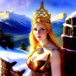 Drawing of beautiful face extra busty viking queen,balcony, view, fire brazier,braids,,snow,castle,mountains,ancient leather armor, balanciaga fashion clothe painting by gaston bussiere, greg rutkowski, yoji shinkawa, yoshitaka amano, tsutomu nihei, donato giancola, tim hildebrandt, oil on canvas, cinematic composition, extreme detail,fit full head inside picture,16k