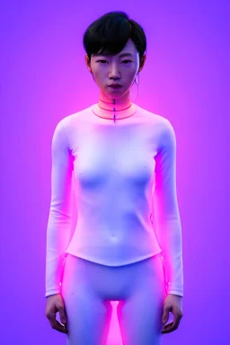 Medium shot body portrait, Asian cyborg woman :: symmetry photography, cyberpunk, pink hair, makeup, long line eye, light iris, :: latex coat, wires and circuits, pink, white, black :: cinematic, Ultra realistic, dark scene, soft color, highly detailed, unreal engine 5, RTX, ultra detail, 3d, finely drawn, high definition.