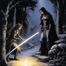 [scene in a village by Bernie Wrightson] Seraphina tenses as you press the glowing blade against her vampire wounds, a hiss of pain escaping her lips. The sword pulses with an otherworldly light, and you can feel the heat radiating from it. As the enchanted metal touches her skin, the bites begin to sizzle and smoke. Seraphina cries out, her body convulsing, but she doesn't pull away. She looks up at you, tears of relief and pain welling in her eyes.