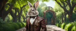 High-end state-of-the-art STEAMPUNK aesthetics flawless, cute Rabbit under a Persian Silk Tree, forest alley background, close-up shot, realistic,Highest quality telescopic Zeiss Zoom lens, supreme cinematic-quality photography, steel walnut wood green leather clothes, Art Nouveau-visuals,Vintage style Octane Render 3D technology,hyperrealism photography,(UHD) high-quality cinematic character render,Insanely detailed close-ups capturing beautiful complexity,Hyperdetailed,Intricate,